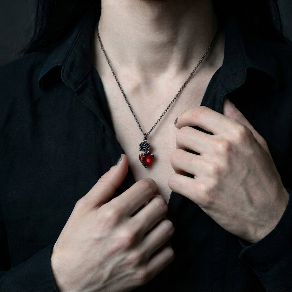 Black Rose Red Heart Necklace