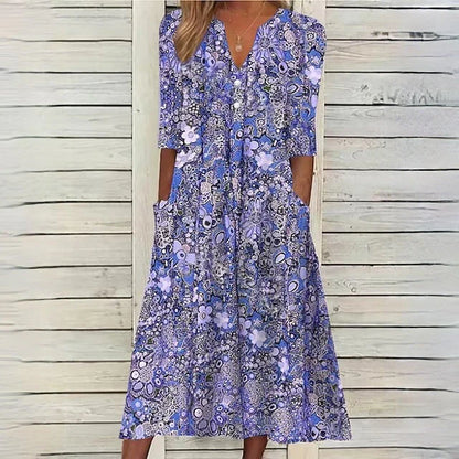 Retro Floral Print V Neck Midi Dress