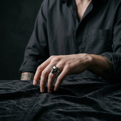 Fanged Skull Tribal Flame Wide Band Ring