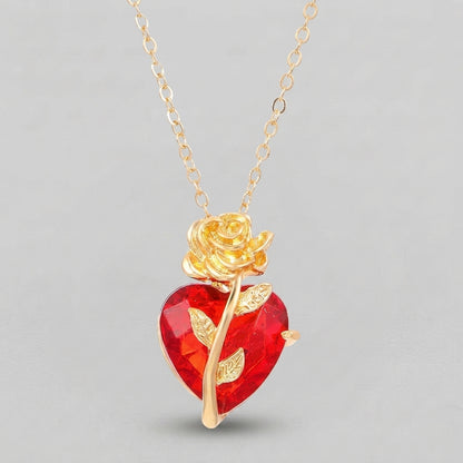 Gold Rose Red Heart Necklace