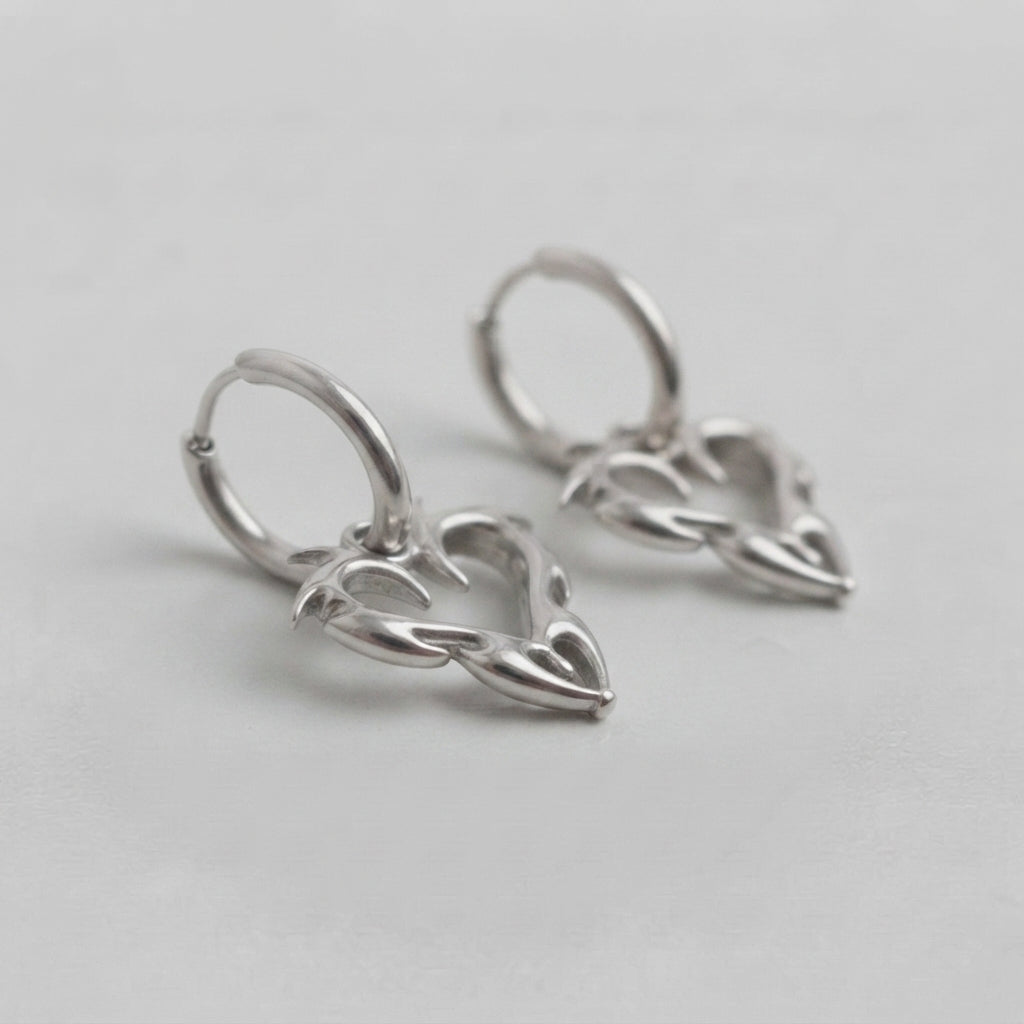 Tribal Flame Heart Silver Hoop Earrings