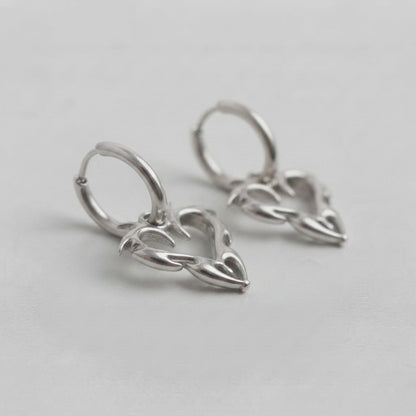 Tribal Flame Heart Silver Hoop Earrings