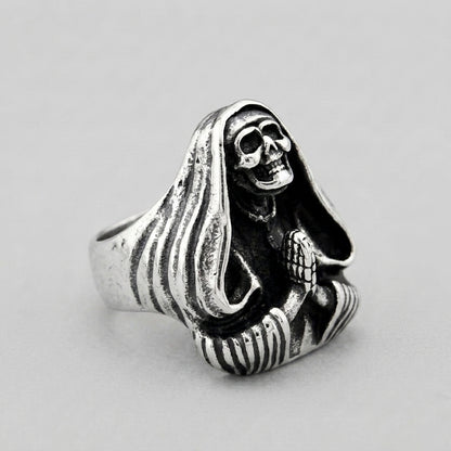 Hooded Grim Reaper Ring with Praying Skeleton Hands