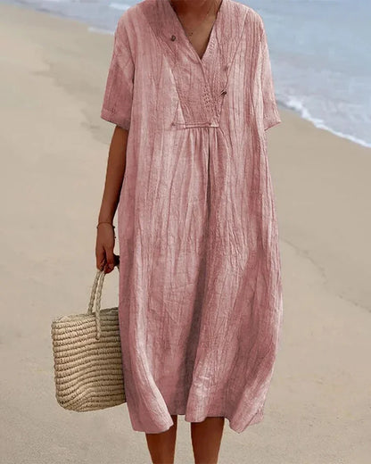 Linen V Neck Midi Dress