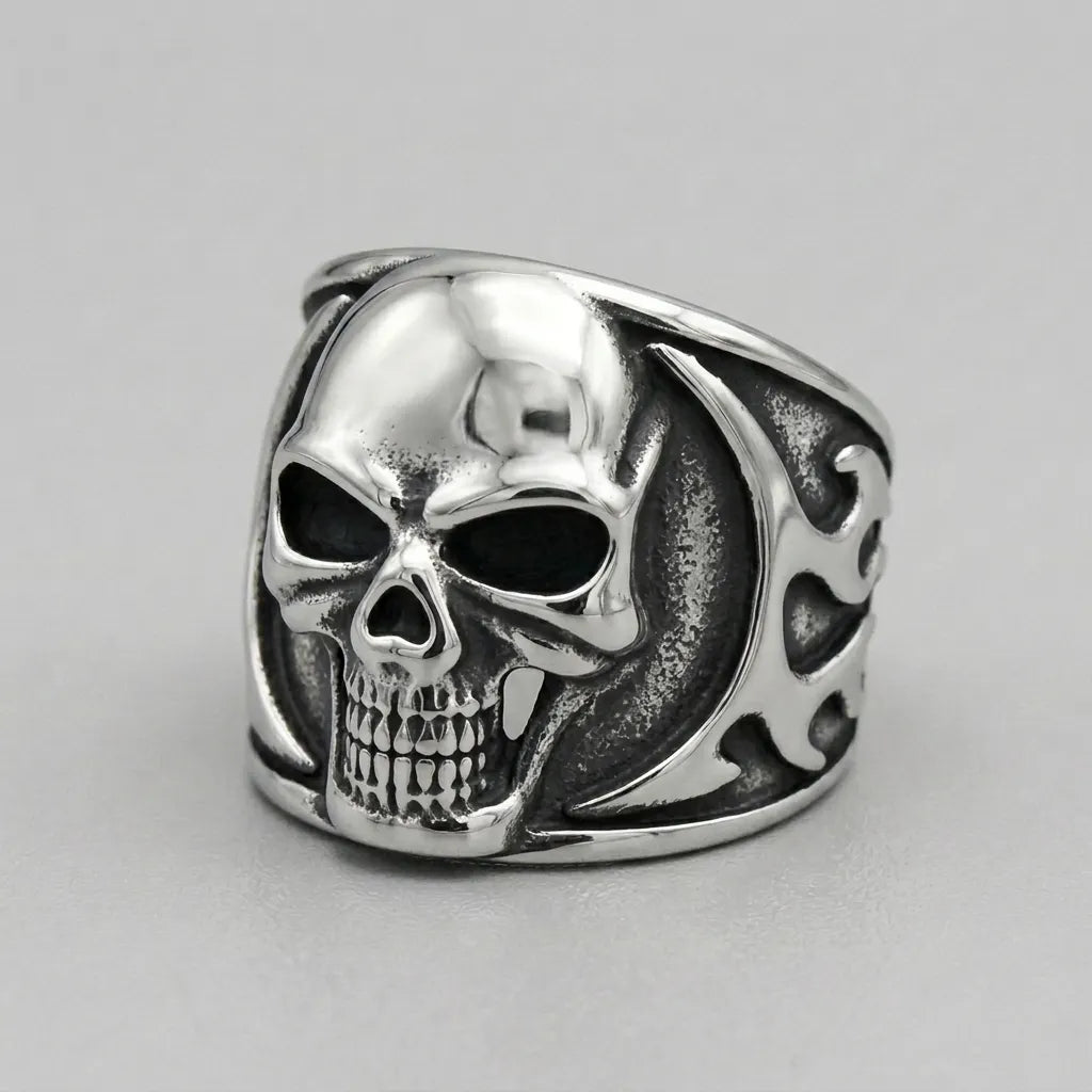 Fanged Skull Tribal Flame Wide Band Ring