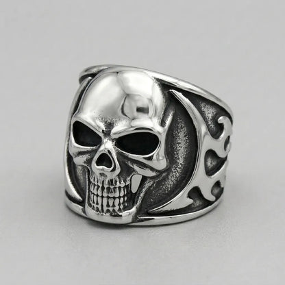 Fanged Skull Tribal Flame Wide Band Ring