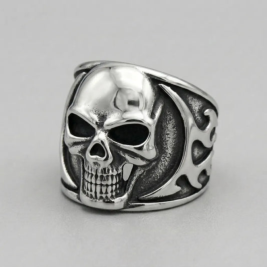 Fanged Skull Tribal Flame Wide Band Ring