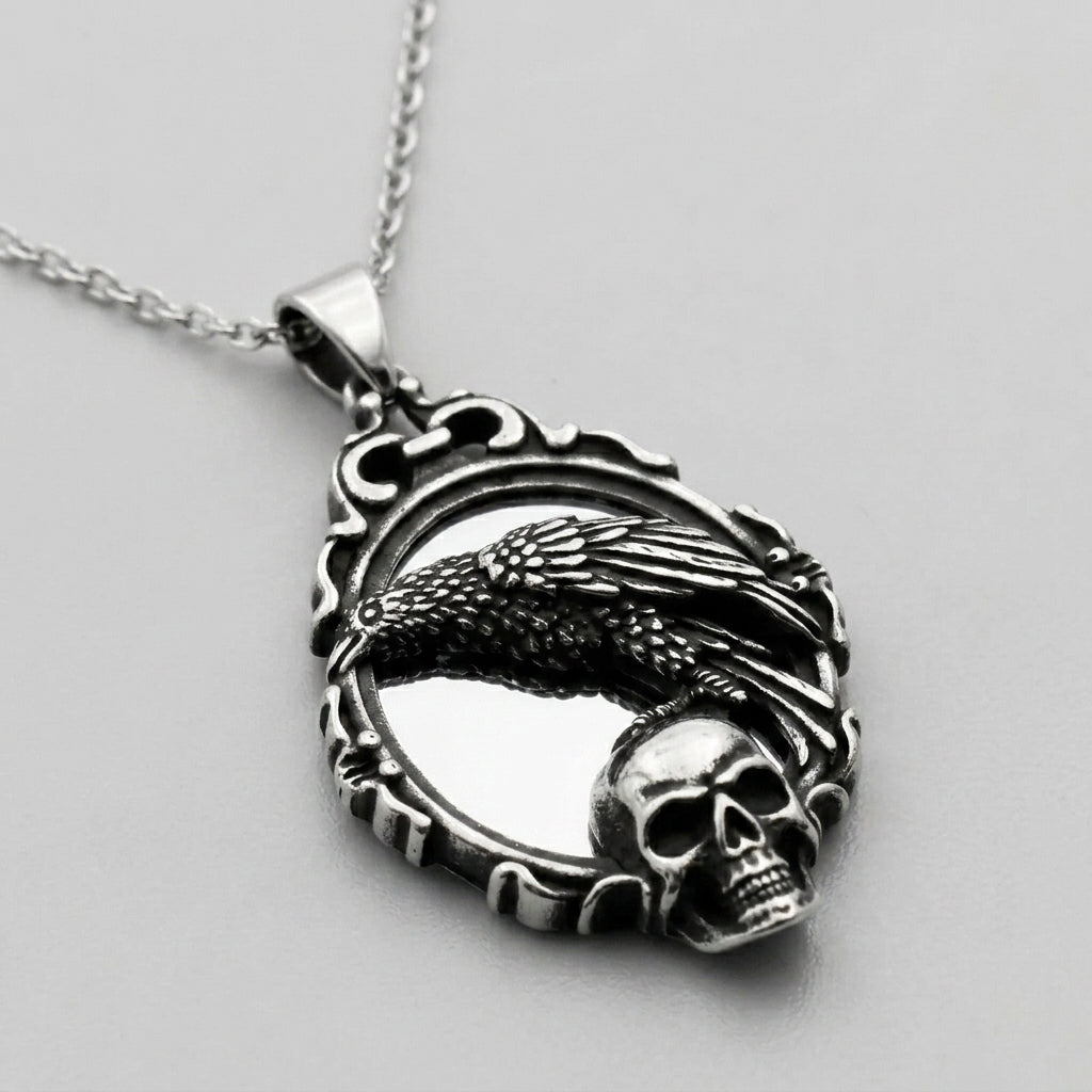 Raven and Skull Ornate Frame Pendant Necklace
