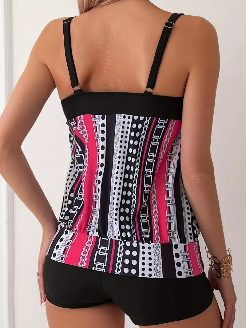 Striped tankini with print