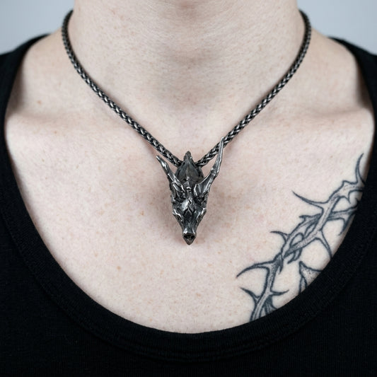 Dark Silver Dragon Skull Pendant Necklace
