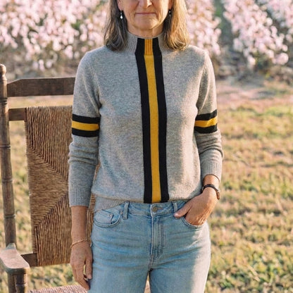 Cotton Sweater Black with Yellow Stripe Accents