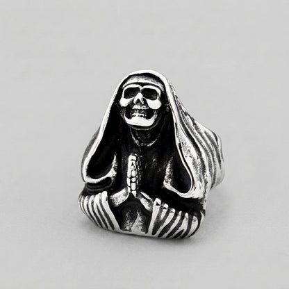Hooded Grim Reaper Ring with Praying Skeleton Hands