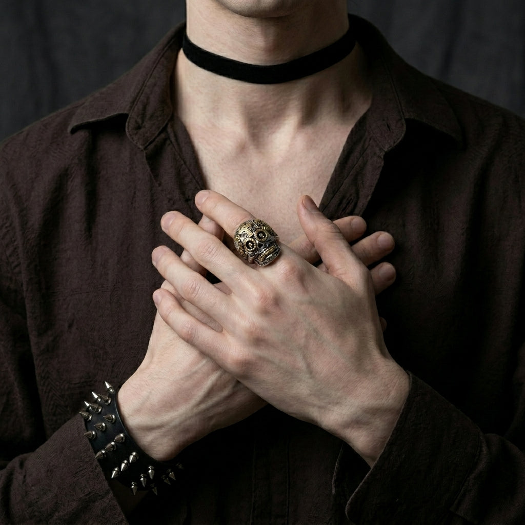 Gold Cross Skull Statement Ring