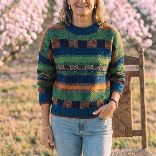 Cotton Sweater Green-Blue with Horizontal Stripes