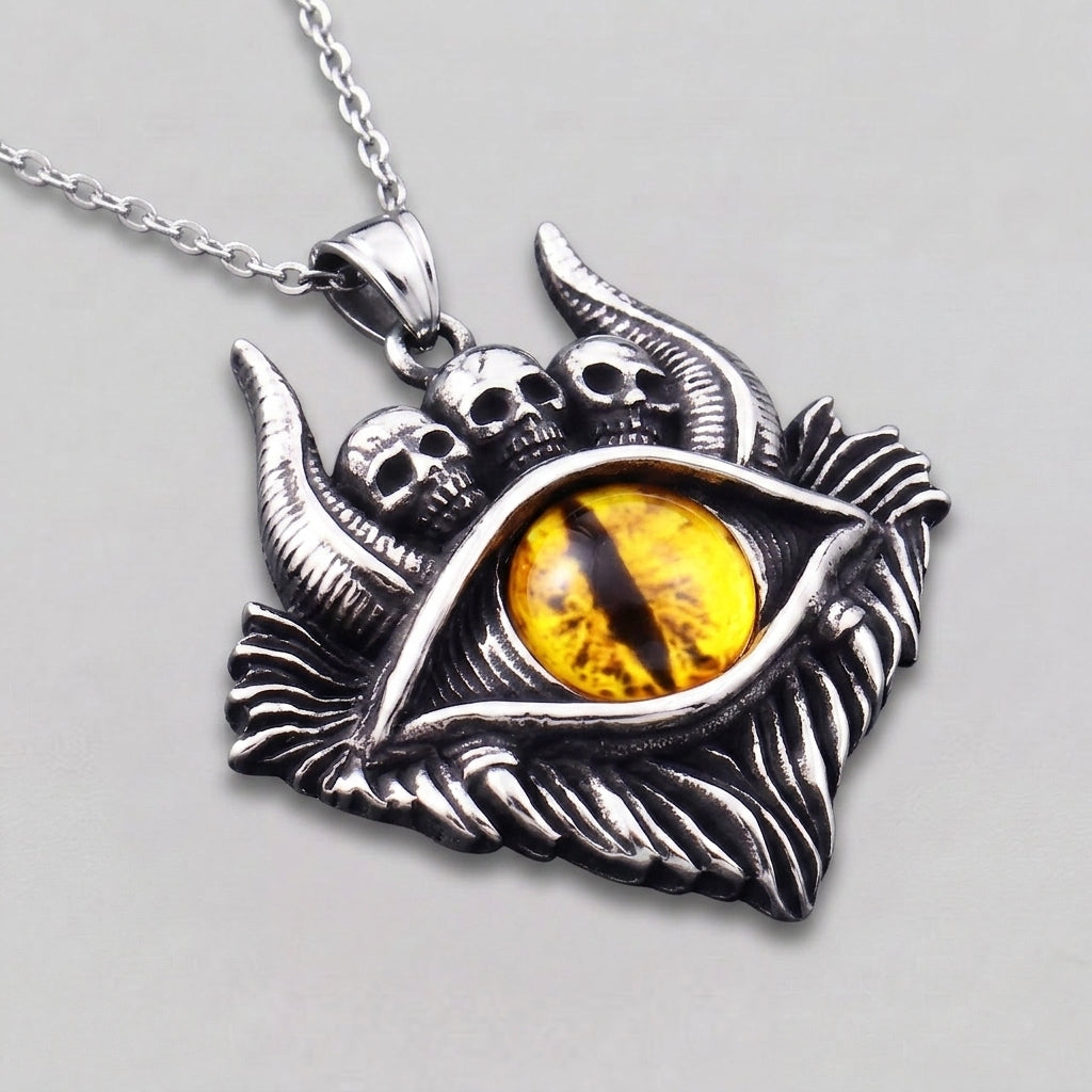 Dragon Eye Pendant with Skulls – Yellow Gemstone Necklace