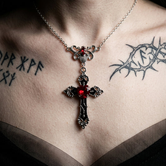 Gothic Cross Necklace with Red Crystal Heart