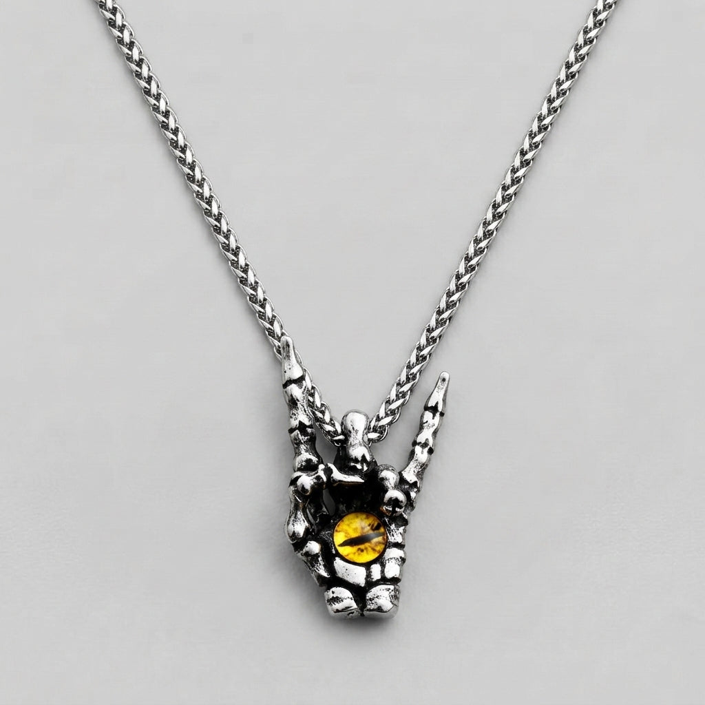 Skeleton Hand Rock Sign Necklace with Dragon Eye Pendant