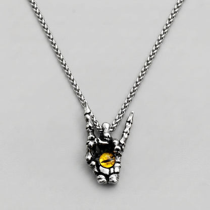 Skeleton Hand Rock Sign Necklace with Dragon Eye Pendant