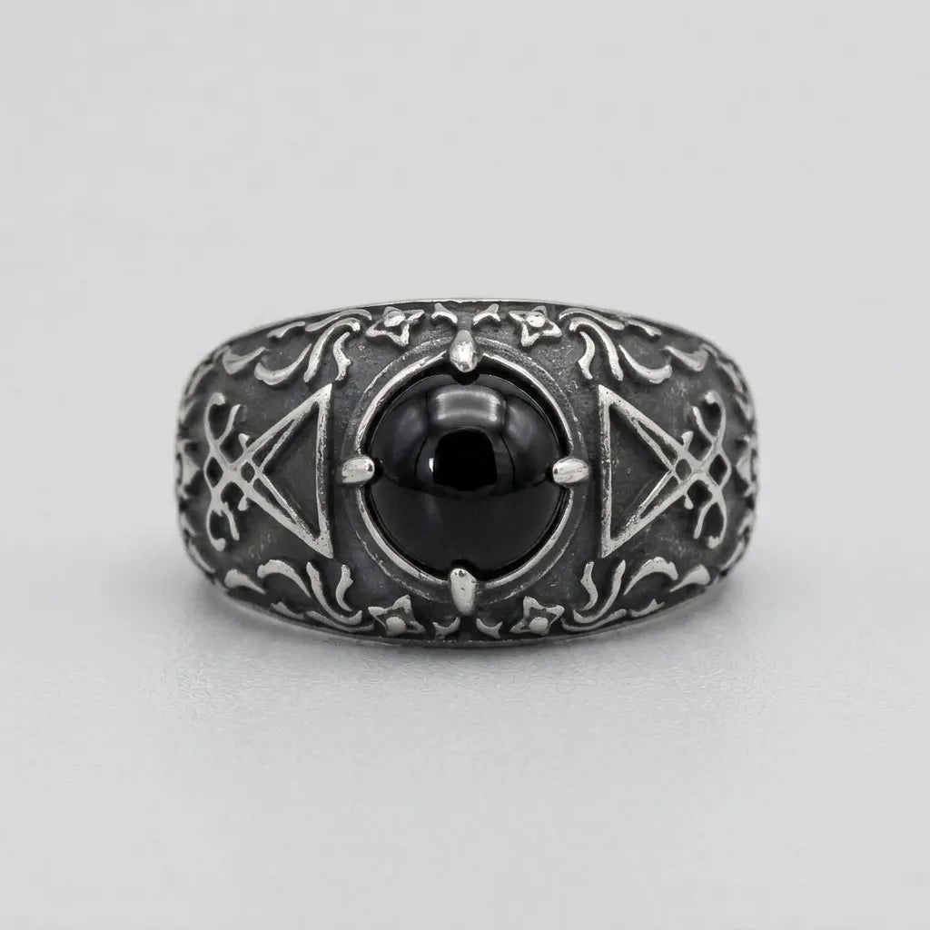 Black Onyx Sigil of Lucifer Baroque Ring