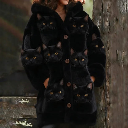 Comstylish Probe Cat Fleece Hooded Cardigan Long Sweater
