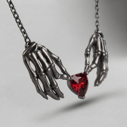 Skeleton Hands Red Heart Necklace