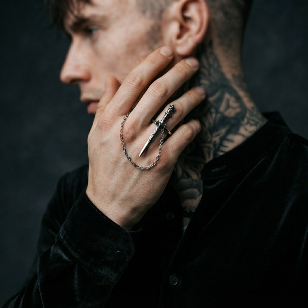 Silver Sword Ring with Skull Handle