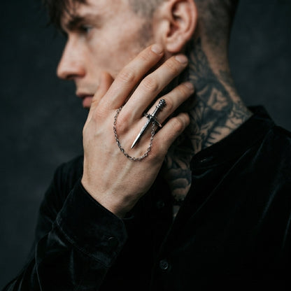 Silver Sword Ring with Skull Handle