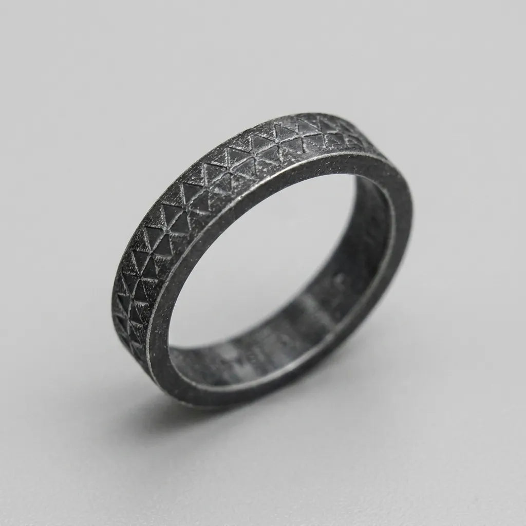 Blackened Geometric Grid Band Ring