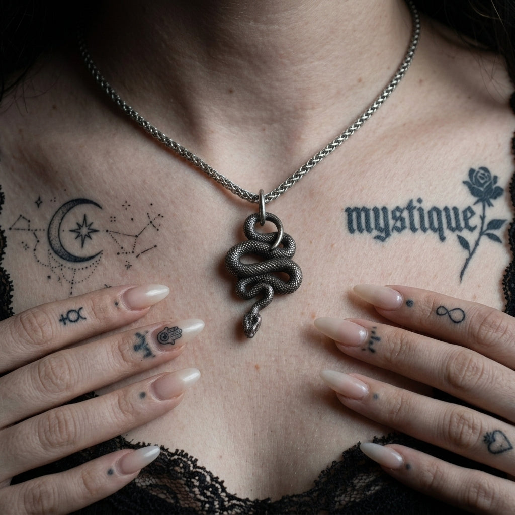 Dark Silver Coiled Snake Pendant Necklace
