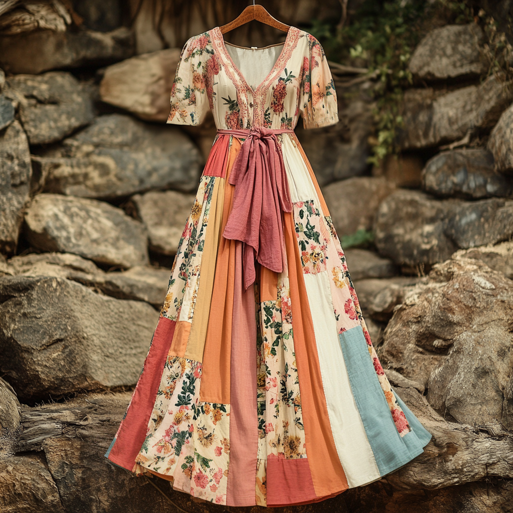 Women's Vintage Floral Patchwork Short Sleeve Dress artswardrobe