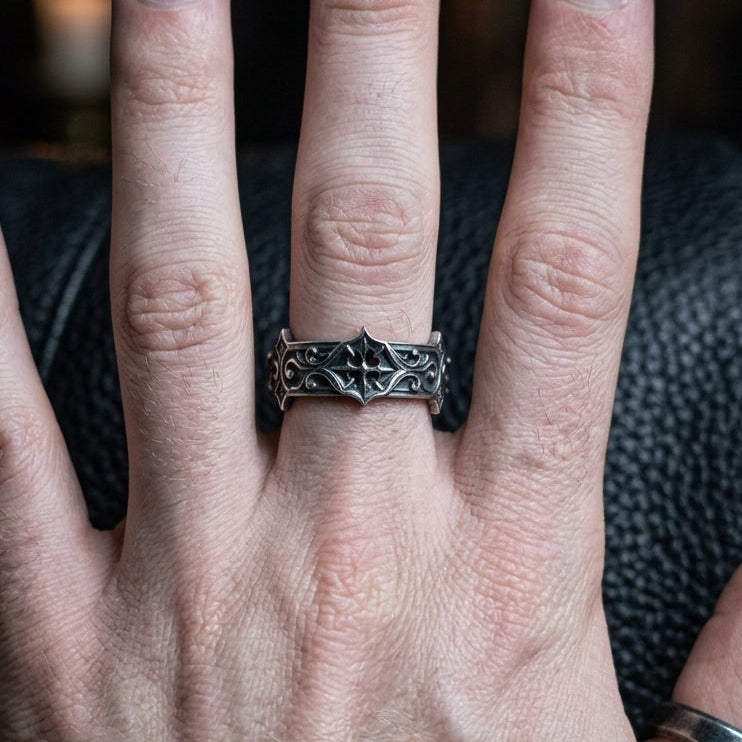 Gothic Quatrefoil Crown Ring Sterling