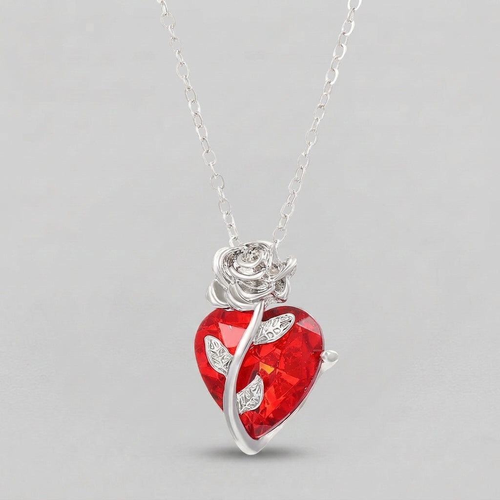 Silver Rose Red Heart Necklace