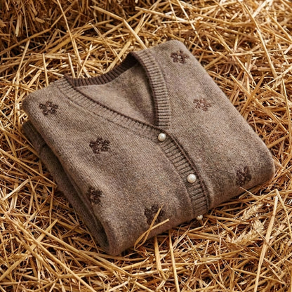 Cotton V-Neck Cardigan with Embroidered Accents