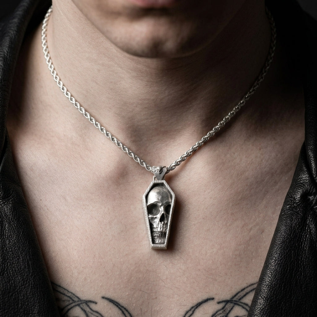 Dark Silver Gothic Skull Coffin Necklace