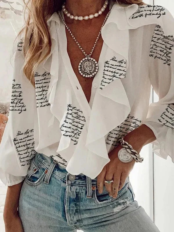 Chiffon Ruffle Front Long Sleeve Blouse
