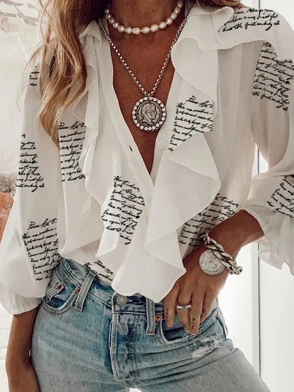 Chiffon Ruffle Front Long Sleeve Blouse