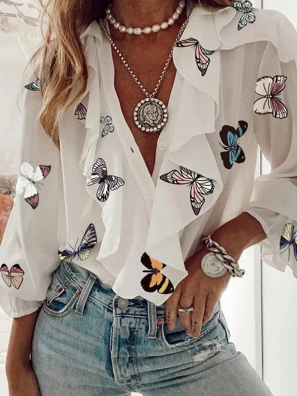 Chiffon Ruffle Front Long Sleeve Blouse