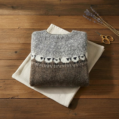 Walnut Brown Sheep Intarsia Colorblock Crew Neck Sweater