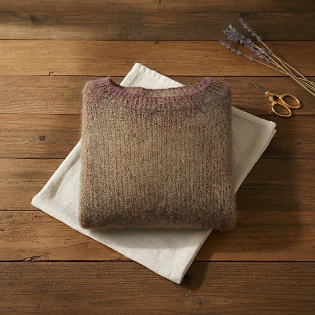 Warm Taupe Brushed Mohair Crew Neck Knit Pullover