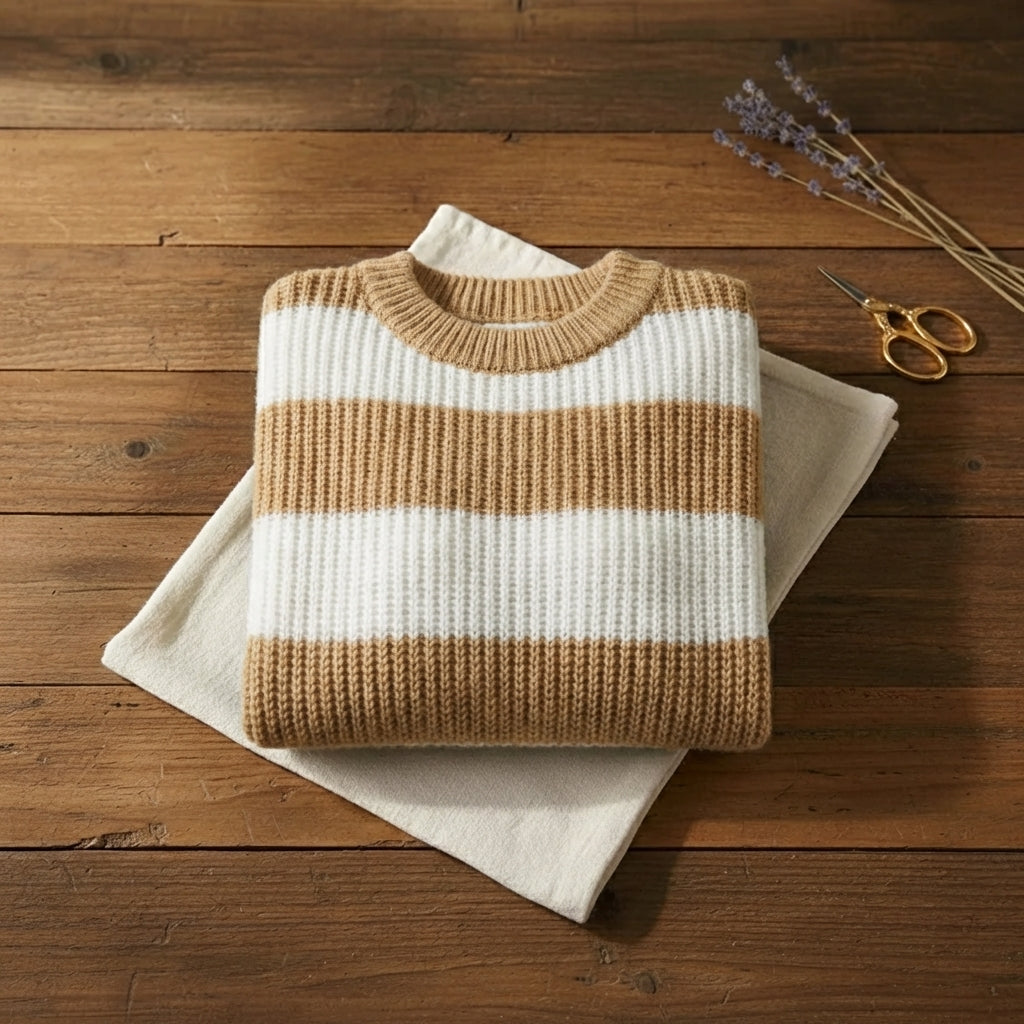 Camel & Ivory Bold Stripe Ribbed Oversized Crew Neck Sweater