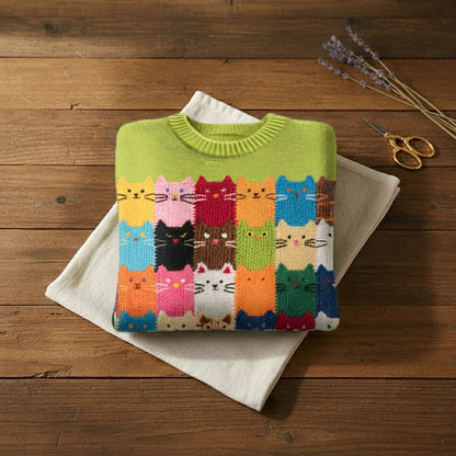 Lime Green Rainbow Cats Intarsia Crew Neck Knit Sweater