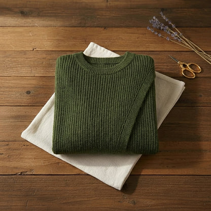 Forest Green Asymmetric Side Split Ribbed Crew Neck Sweater