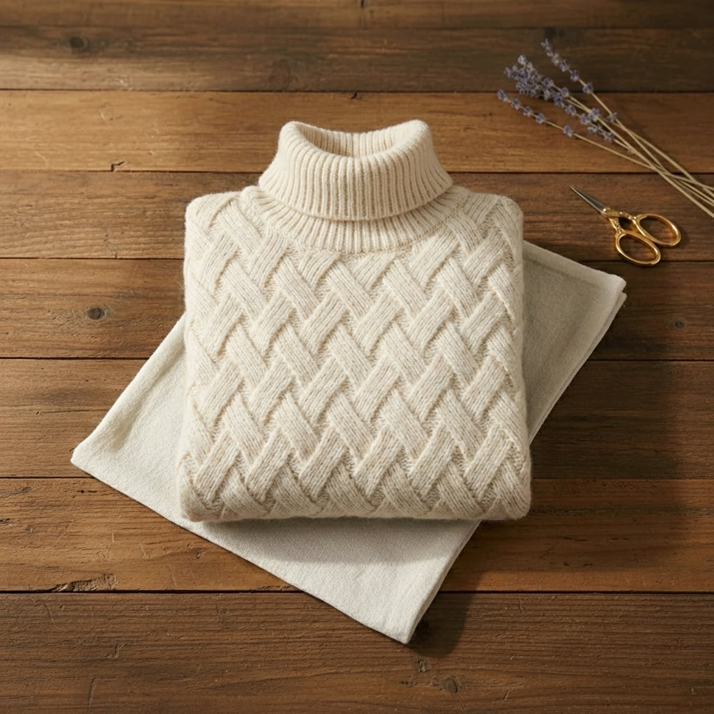 Ivory Lattice Weave Cable Turtleneck Knit Sweater