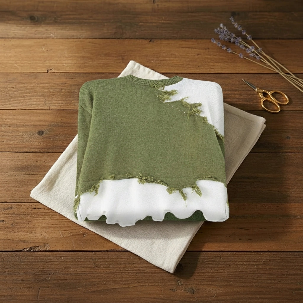 Olive & Ivory Colorblock Distressed Edge Crew Neck Sweater