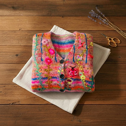 Neon Wildflower Embroidered Multicolor V Neck Button Cardigan – Pink