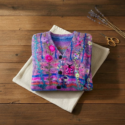 Neon Wildflower Embroidered Multicolor V Neck Button Cardigan – Blue