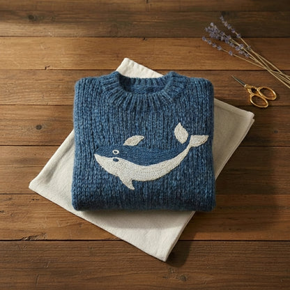 Ocean Blue Whale Intarsia Chunky Ribbed Crew Neck Sweater