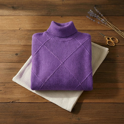 Amethyst Purple Diamond Texture Ribbed Turtleneck Pullover