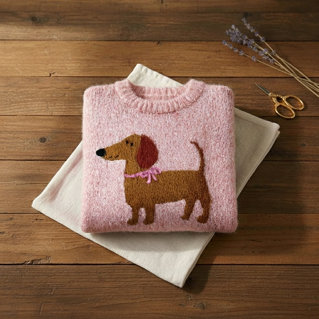 Pink Dachshund With Bow Intarsia Mohair Crew Neck Sweater