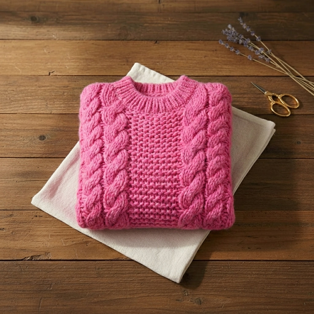 Hot Pink Chunky Cable Knit Balloon Sleeve Crew Neck Sweater